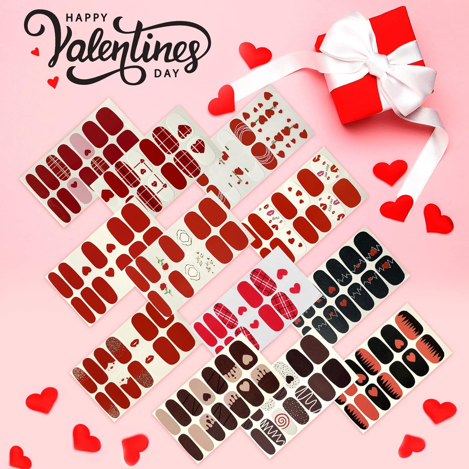 TailaiMei 12 Sheets Valentine's Day Nail Wraps Adhesive Nail Art Stickers Full Wraps Strips with 2 Pcs Nail Files for DIY Nail Decals (Heart Style)