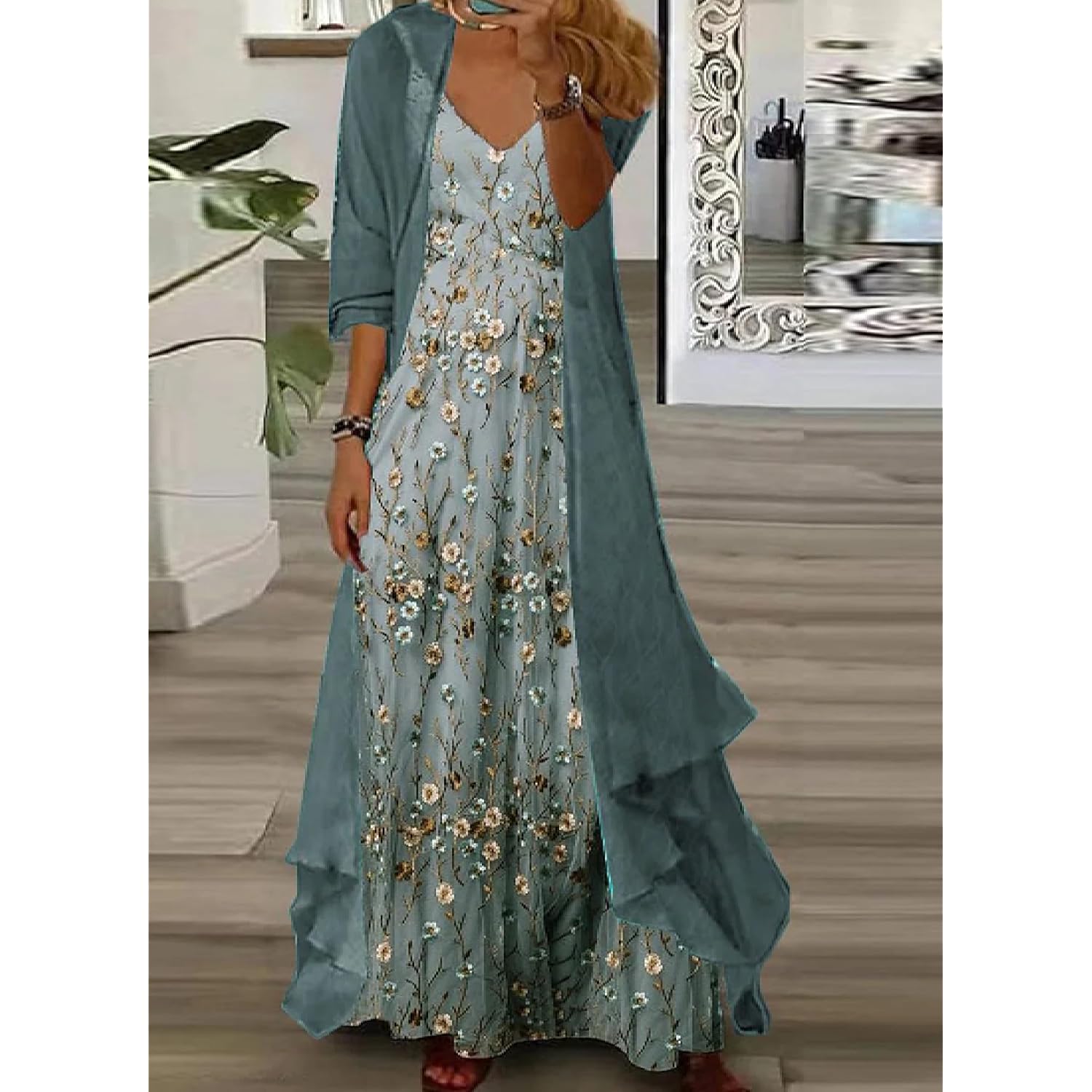 Loz 2 Piece Sets For Women Summer Maxi Dresses Sleeveless Spaghetti Strap Floral Dresses With Sheer Cardigan Matching Sets