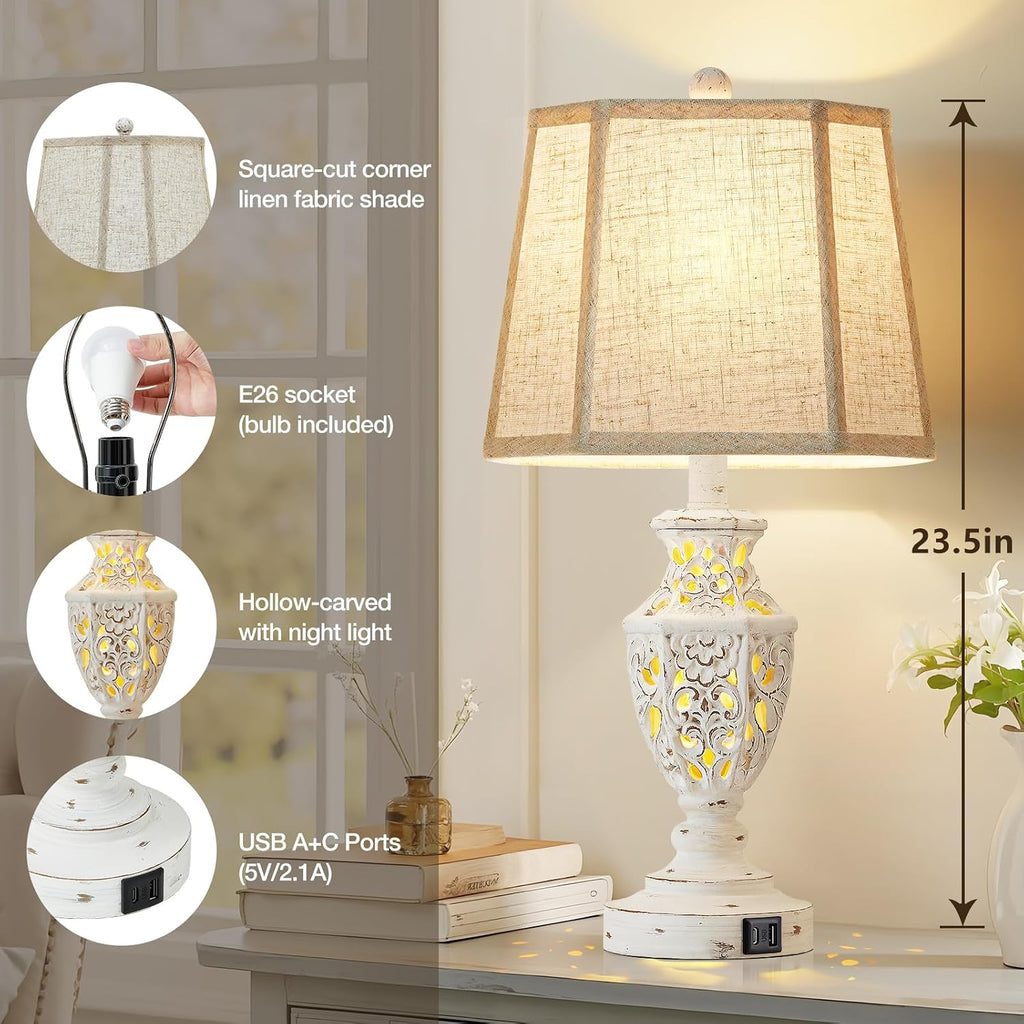 Lamps For Night Stands Set Of 2-23.5" Boho Bedside Lamp With Usb A+C And Nightlight - Cream Rustic Carved Resin Farmhouse Table Lamp For Bedrooms, End Tables, Living Room, Bulbs Included