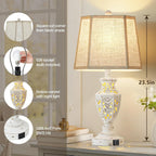 Lamps For Night Stands Set Of 2-23.5" Boho Bedside Lamp With Usb A+C And Nightlight - Cream Rustic Carved Resin Farmhouse Table Lamp For Bedrooms, End Tables, Living Room, Bulbs Included