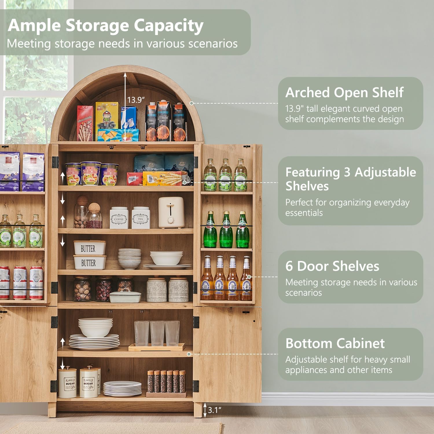 Ifget 71" Tall Arched Kitchen Pantry, Modern Fluted Wood Storage Cabinet With Doors, 3 Adjustable Shelves, 6 Door Shelves, Organizer, Versatile Cupboard For Kitchen, Bathroom, Natural