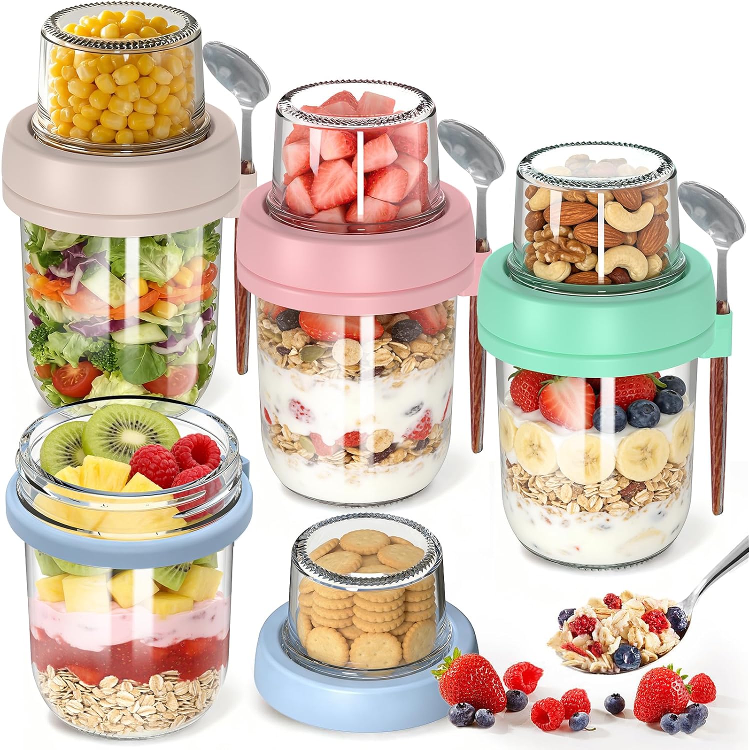 4 Pack Overnight Oats Containers With Lids And Spoons, 20 Oz (16+4) Overnight Oats Jars, Glass Mason Jars With Dry And Wet Separation For Oatmeal Salad Yogurt, Dual-Layer Yogurt Containers With Lids