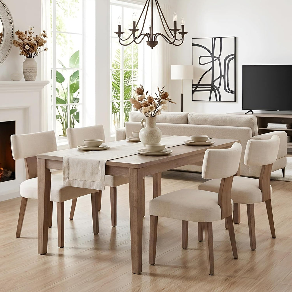 Mid Century Modern Dining Chairs Set Of 4, Upholstered Linen Kitchen & Dining Room Chairs With Ergonomic Curved Backrest, Solid Wood Legs, Farmhouse Accent Chair For Home, Apartment, Beige