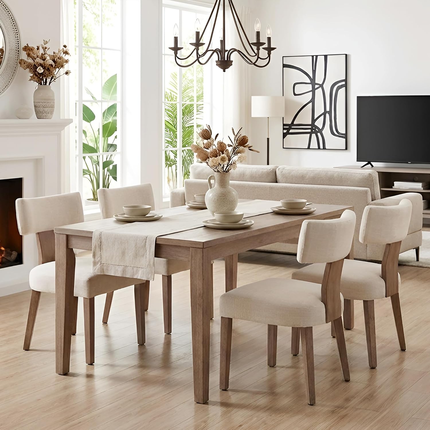 Mid Century Modern Dining Chairs Set Of 4, Upholstered Linen Kitchen & Dining Room Chairs With Ergonomic Curved Backrest, Solid Wood Legs, Farmhouse Accent Chair For Home, Apartment, Beige