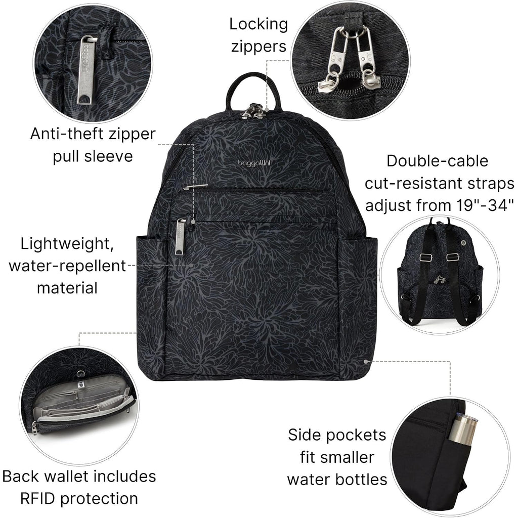 Baggallini Securtex® Anti-Theft Vacation Travel Backpack 10X13 Slash-Resistant Nylon Daypack W/Rfid, Midnight Blossom