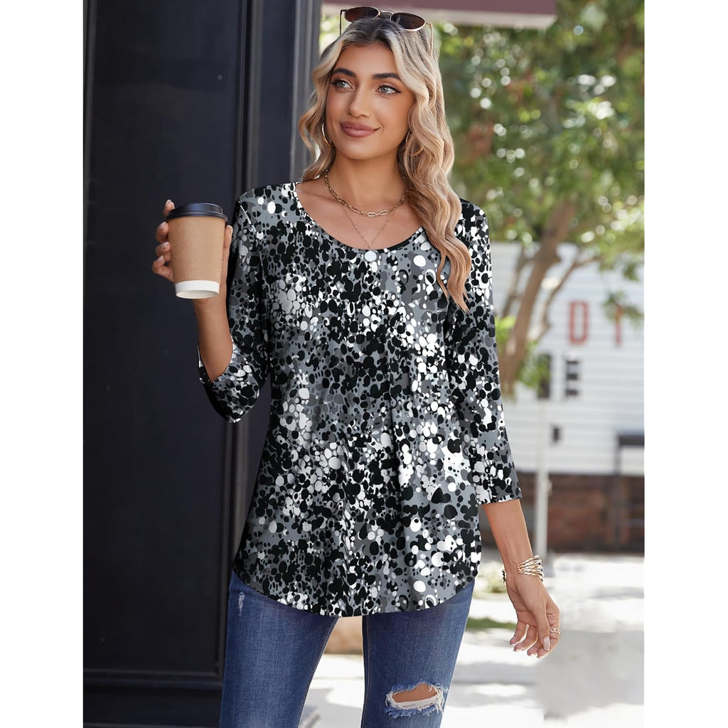 3/4 Sleeve Tops for Women Crew Neck Blouses Pleated Casual Shirts Fall Work Clothes 2026