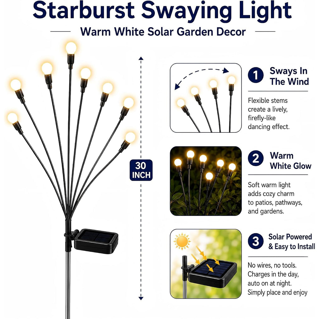 Tonulax Solar Garden Lights - Upgraded Solar Swaying Light, Sway By Wind, Outdoor Lights, Yard Patio Pathway Decoration, High Flexibility Iron Wire & Heavy Bulb Base, Warm White(2 Pack)