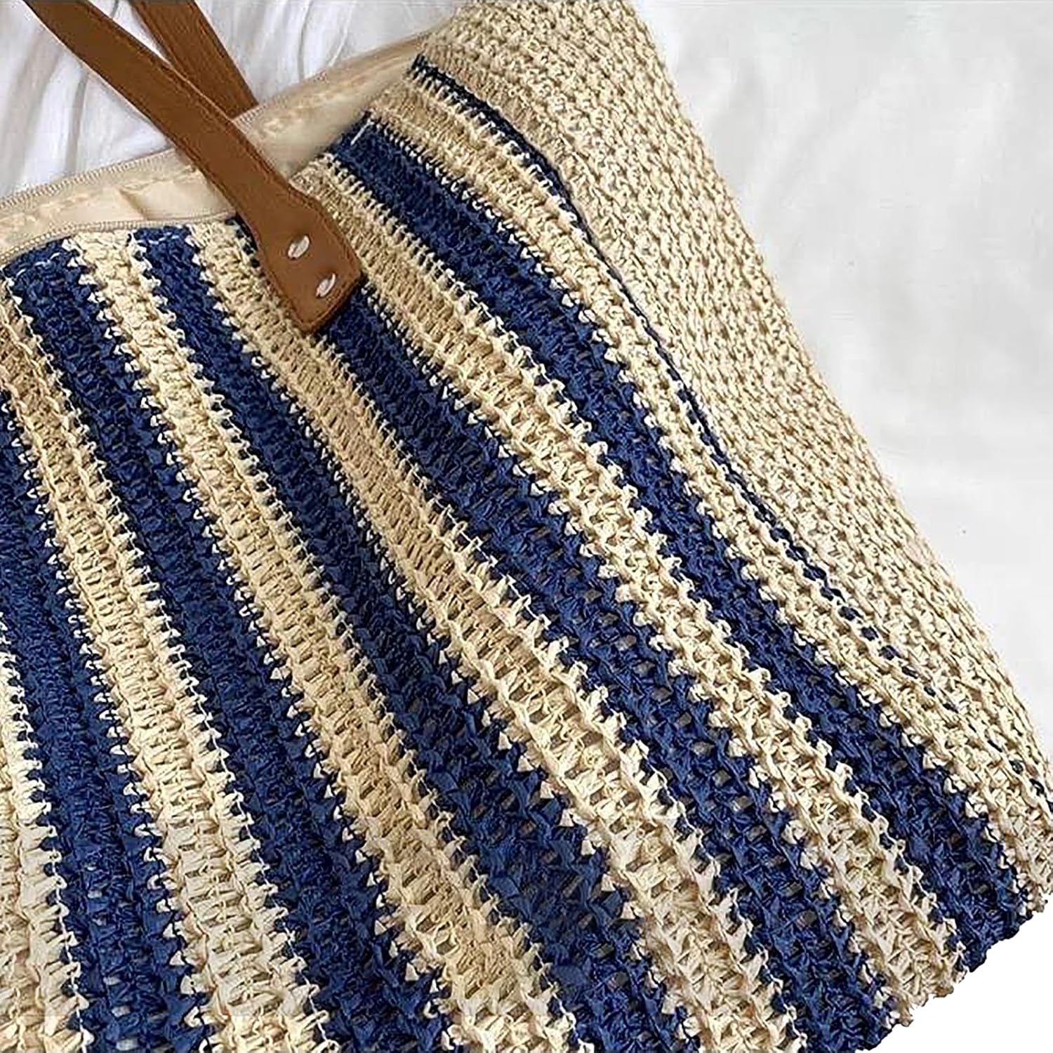 Handmade Woven Striped Tote Bag,Vintage Shoulder Bag,Summer Straw Beach Bag For Women,Blue,1 Piece