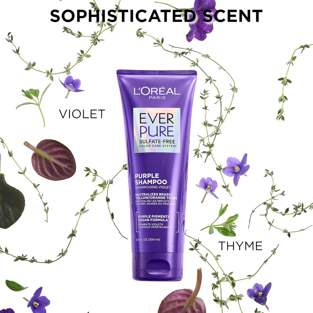 L’Oreal Paris Sulfate Free Brass Toning Purple Shampoo for Blonde, Bleached, Silver, or Brown Highlighted Hair, EverPure, 6.8 Fl Oz (Packaging May Vary)