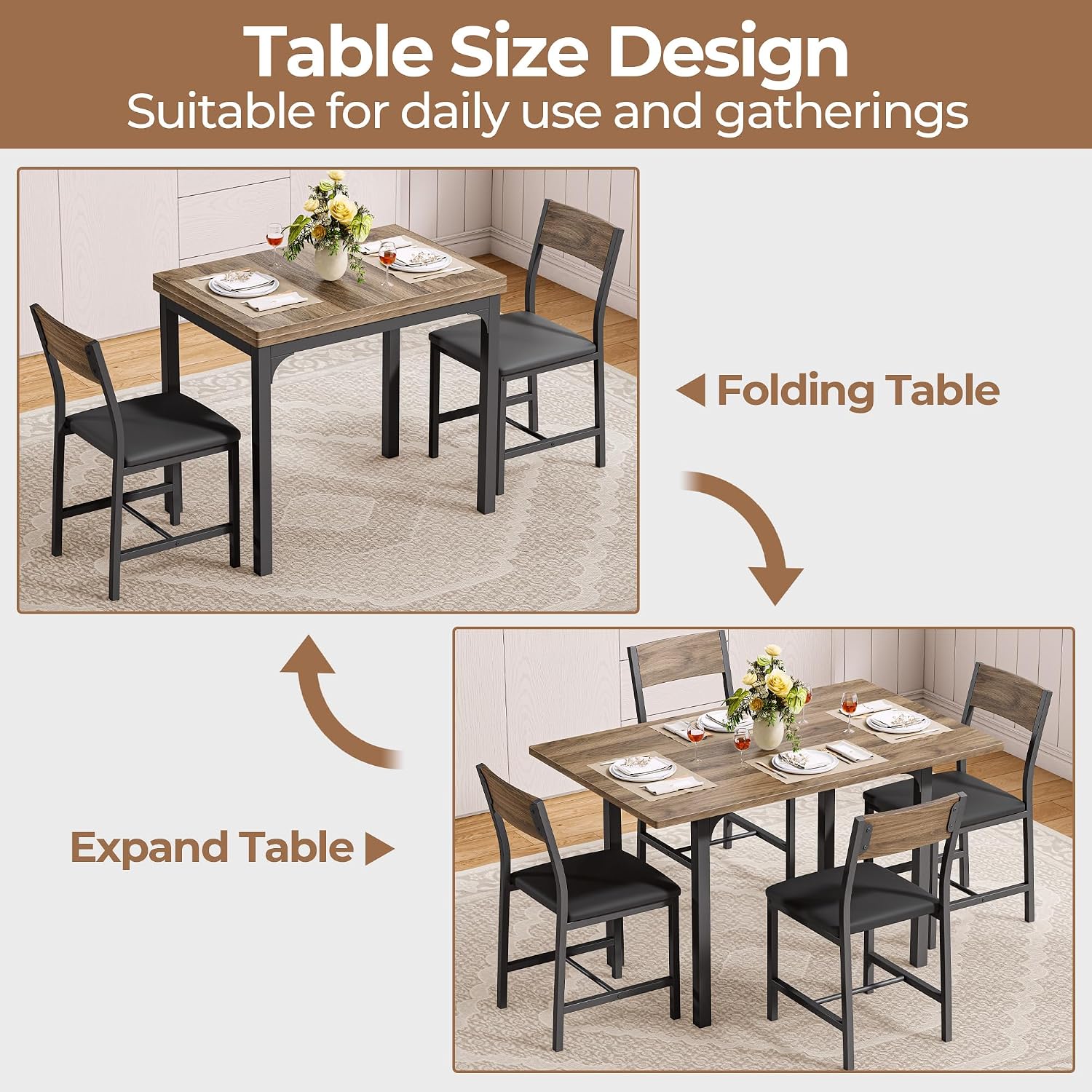 Ironck 5-Piece Dining Table Set For 4, Extendable Kitchen Table Chairs Set Of 4, Dining Room Table With 4 Upholstered Chairs, Folding For Small Space, Apartment, Walnut