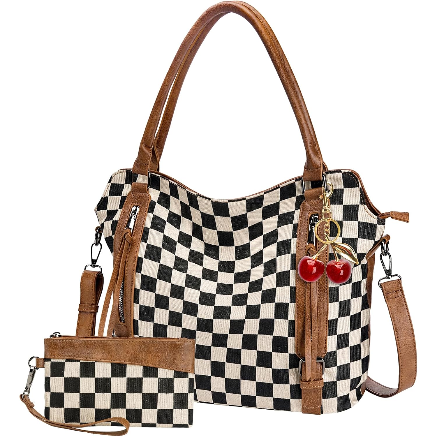 Checkered Crossbody Bag, Brown Checkered Purse, Large Capacity Shoulder Bag, Handbag With Wallet And Cherry Charm