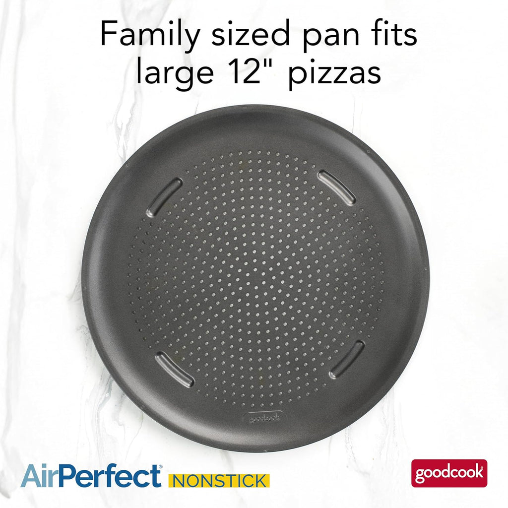 Goodcook Airperfect Insulated Nonstick Carbon Steel Pizza Pan With Cutting Guides, Perforated Nonstick Pizza Pan, 15.75-Inch, Gray