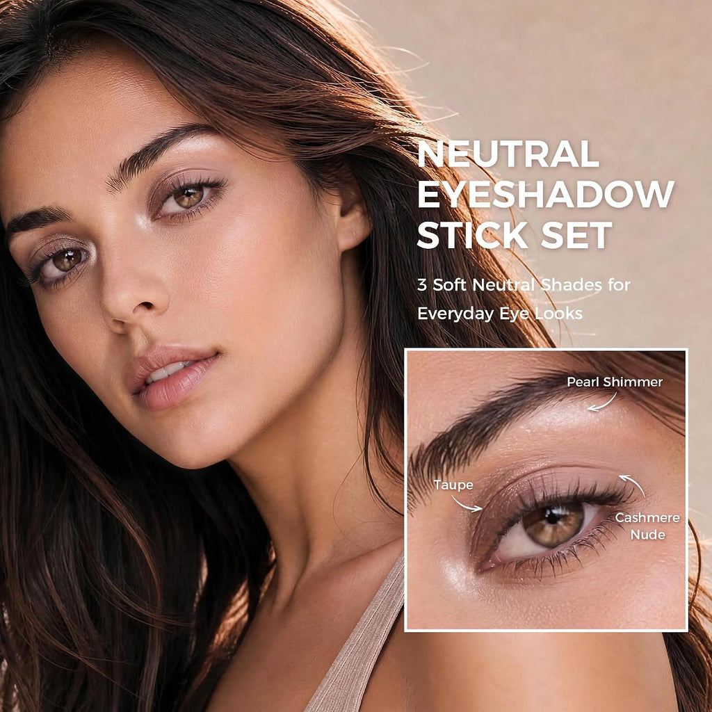 Cream Eyeshadow Stick Set, 3 Neutral Matte & Shimmer Waterproof | 3 Neutral Shades With Matte Beige & Shimmer Finishes, Buildable Color For Full Natural Everyday Eye Looks, Easy To Blend