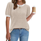 Womens Short Sleeve Sweater Textured Tunic Tops 2026 Spring Summer Business Casual Blouse
