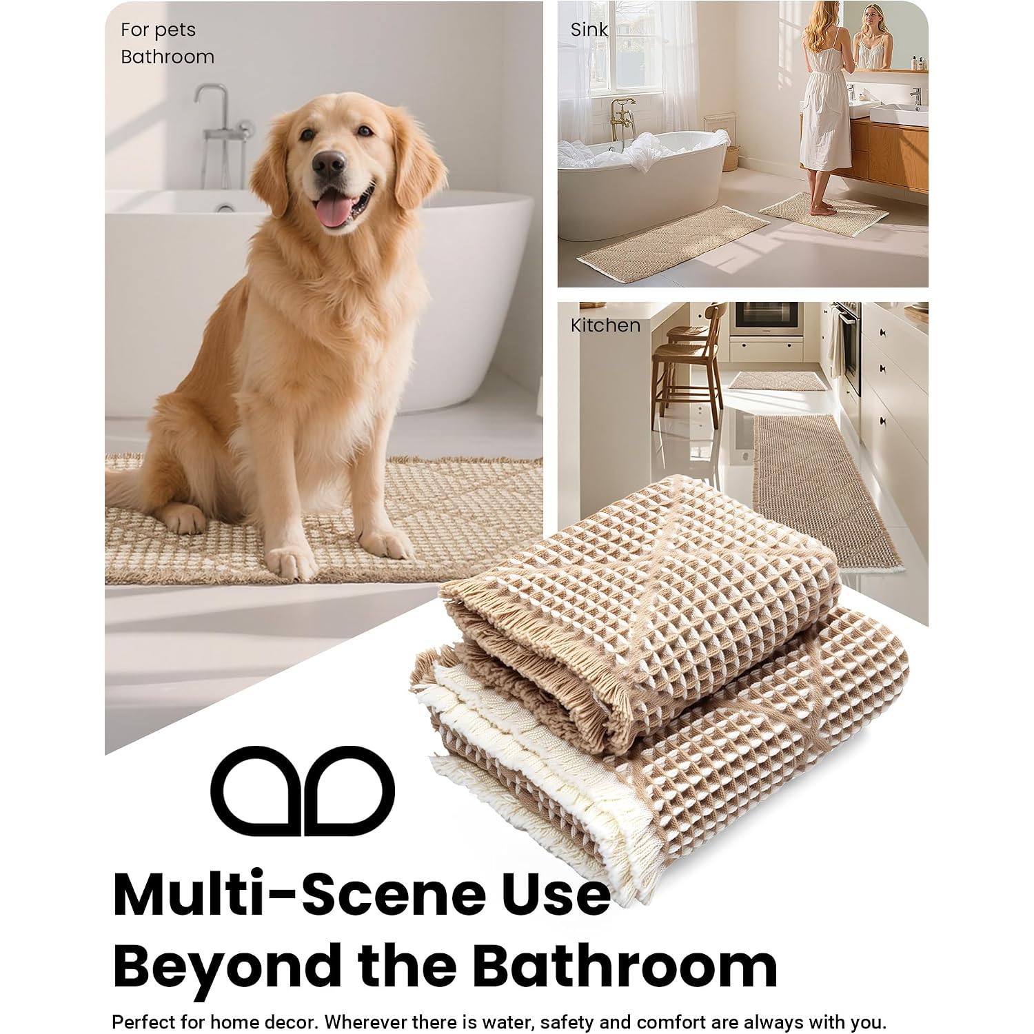 Waffle Bath Mat Set, Non Slip Bathroom Rugs Sets 2 Piece, Ultra Absorbent Long Bath Rug Runner For Bathroom Boho Chic Decor, Machine Washable Floor Mats, Brown & White, 20"×47" Plus 18"×30"