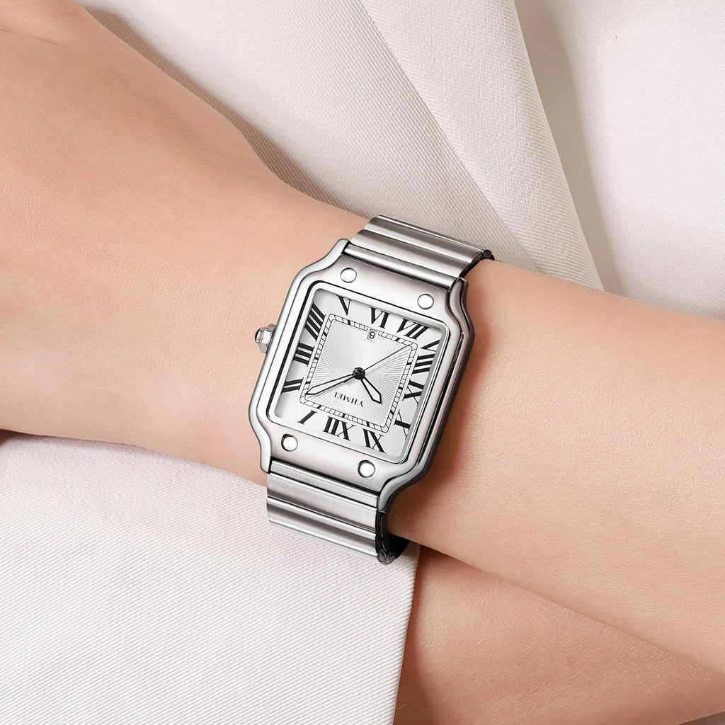 Unisex Classic Square Roman Numerals Silver Analog Waterproof Watches For Women Men Stainless Steel Strap Date Display Casual Wristwatch