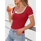 Anrabess Women Short Sleeve Tops Square Neck Ribbed Knit Color Block T Shirts Fitted Casual Summer 2026 Trendy Basic Tees