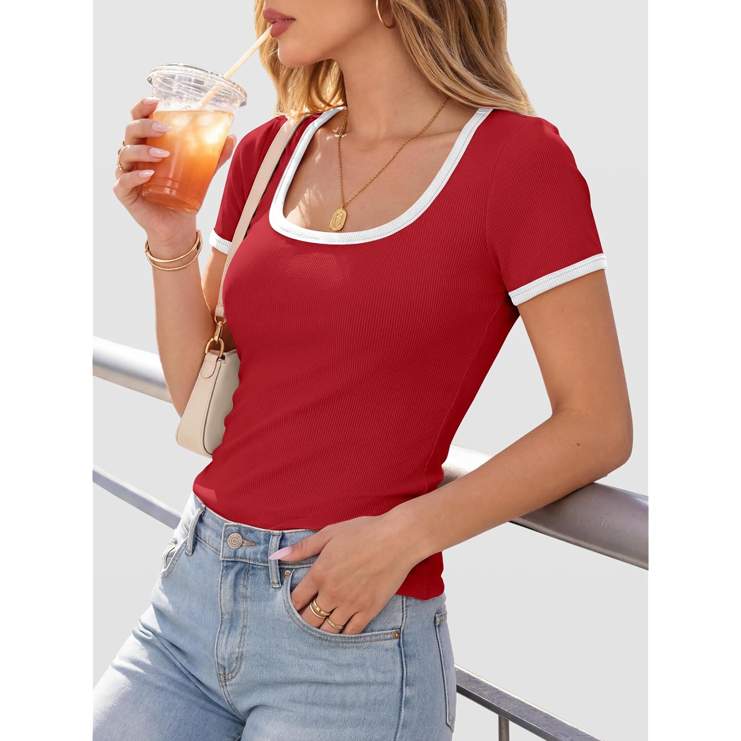 Anrabess Women Short Sleeve Tops Square Neck Ribbed Knit Color Block T Shirts Fitted Casual Summer 2026 Trendy Basic Tees