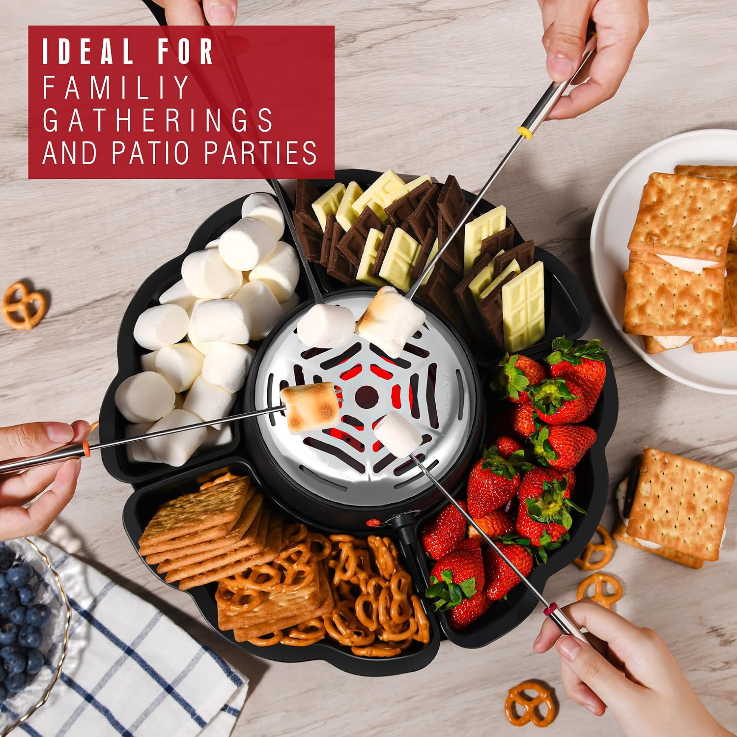 2 In 1 Electric S’Mores Maker & Fondue Pot, Tabletop Indoor Smores Kit With 4 Roasting Forks, 4 Detachable Trays & 1 Flameless Temperature-Controlled Heater, Movie Night Supplies & Housewarming Gifts