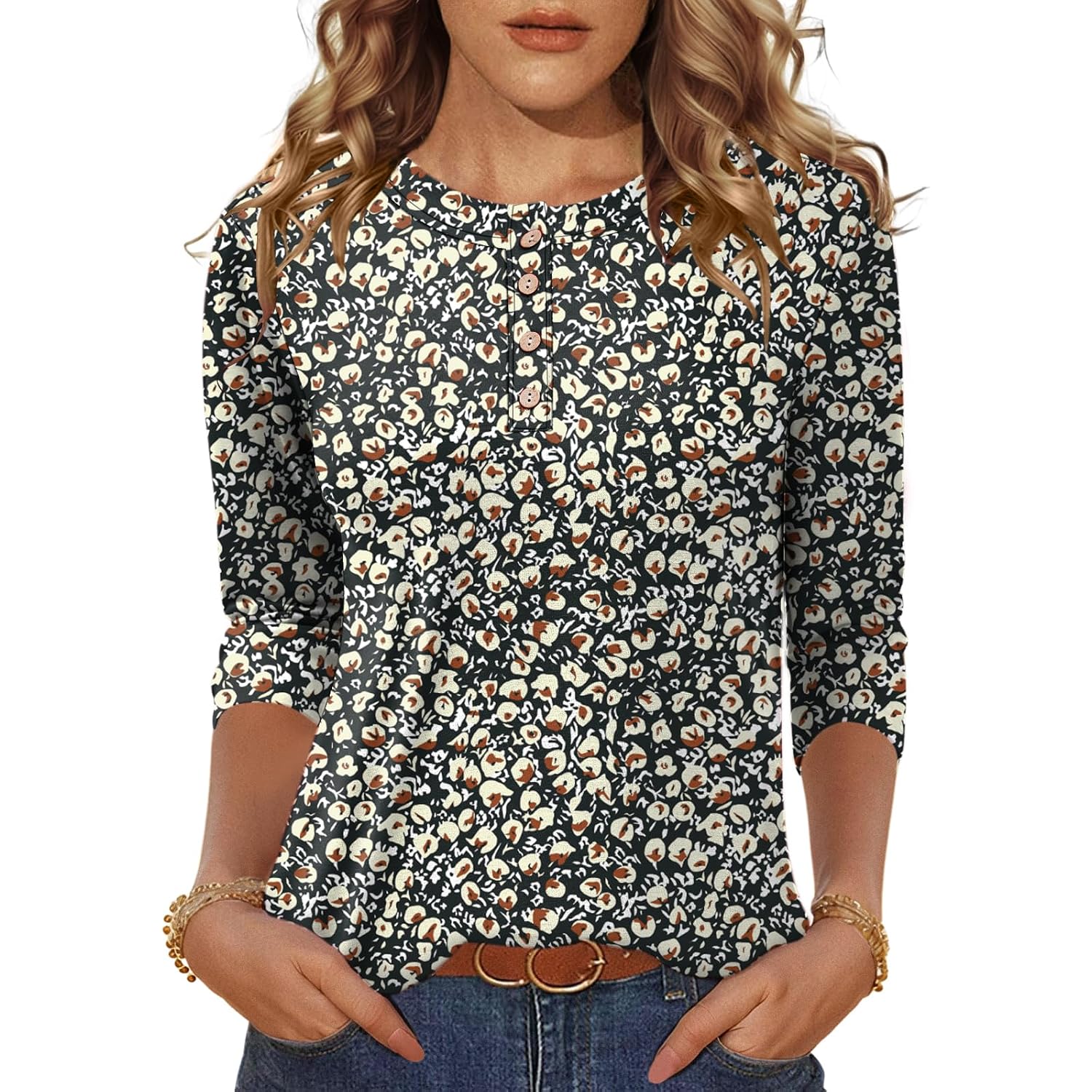 Lomon 3/4 Length Sleeve Womens Tops Casual Crewneck Pullover Tunics Summer Cute Blouses Fashion 2026