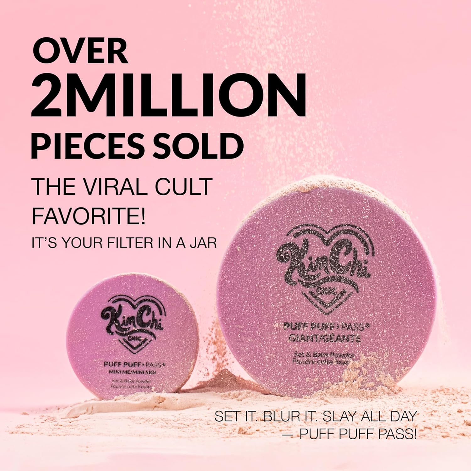 KimChiChic Beauty Puff Puff Pass Set and Bake Setting Powder for Makeup, Extra Fluffy Loose Face Powder Poof, Soft Natural Face Makeup for Uneven Skin Tone, 09 Pink