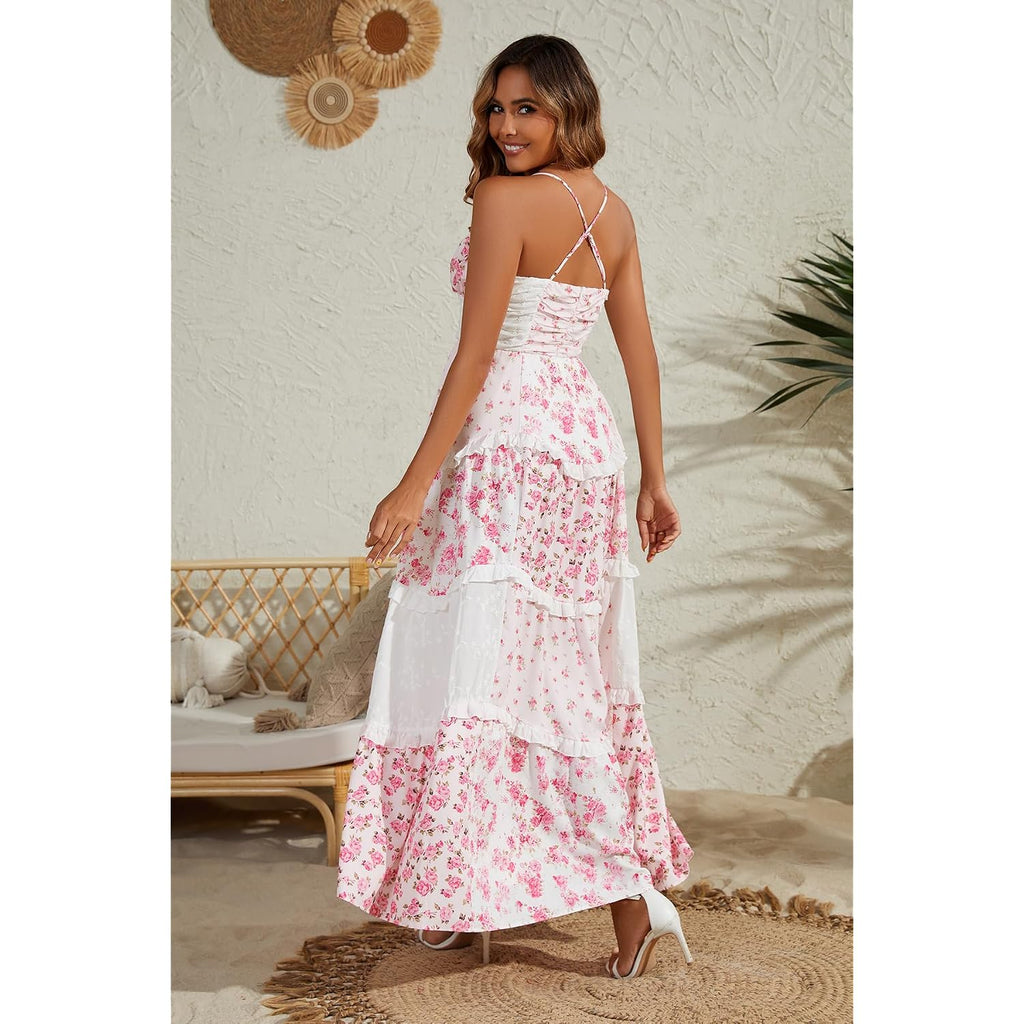 Women Floral Maxi Dress Spaghetti Straps V Neck Lace Patchwork Flowy Tiered Boho Beach Sundress Long Dresses