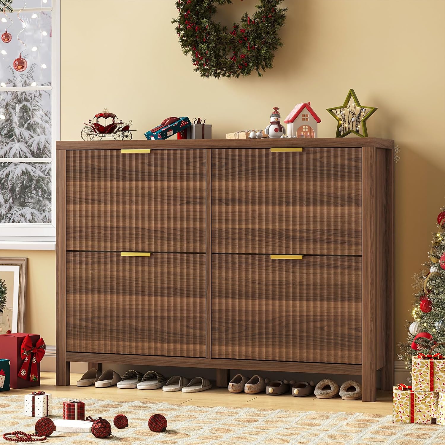 Shoe Cabinet Storage For Entryway, Fluted Shoe Cabinet With 4 Flip Drawers, Hidden Shoe Rack Freestanding Wooden Shoe Organizer With Legs For Hallway, Walnut