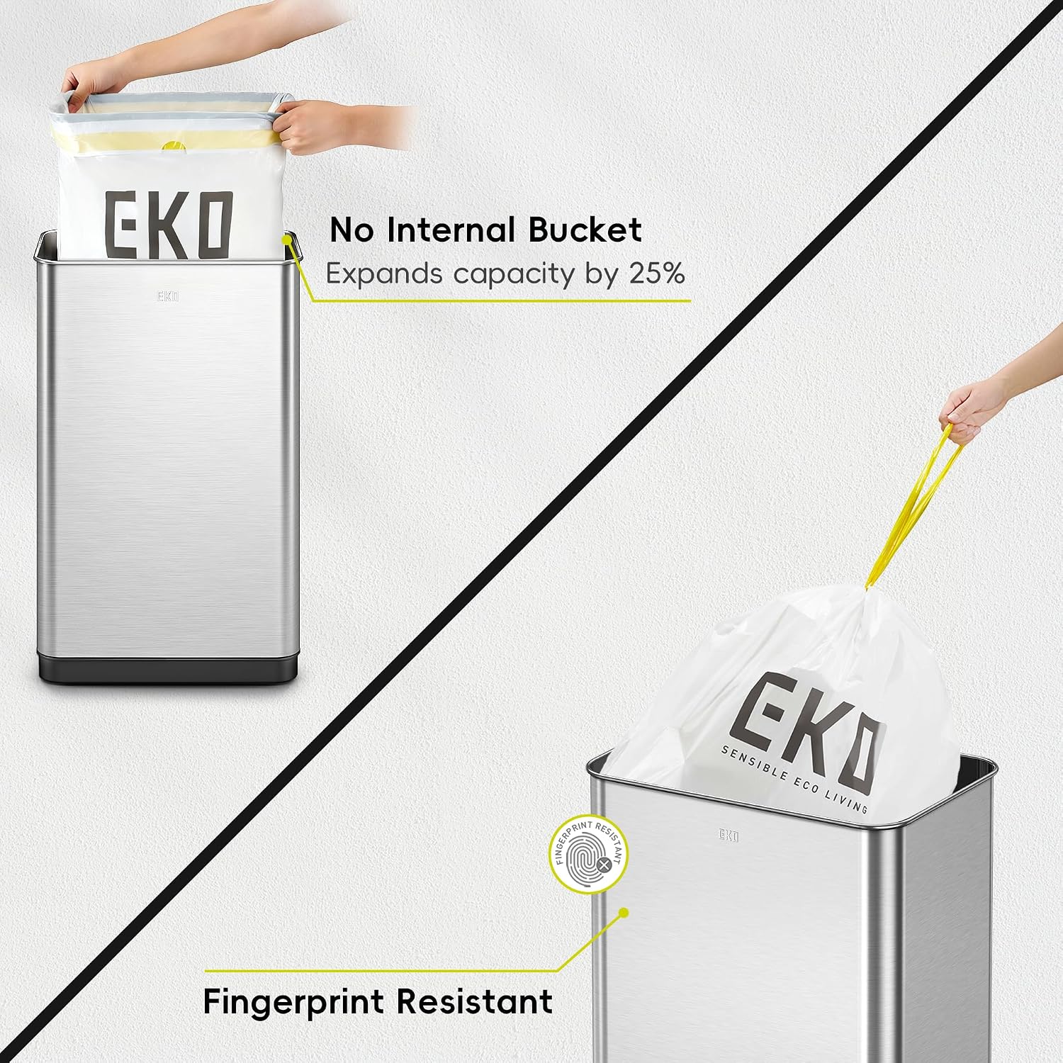 Eko Mirage-T 50 Liter / 13.2 Gallon Touchless Rectangular Motion Sensor Trash Can Or Recycling Bin, Brushed Stainless Steel Finish
