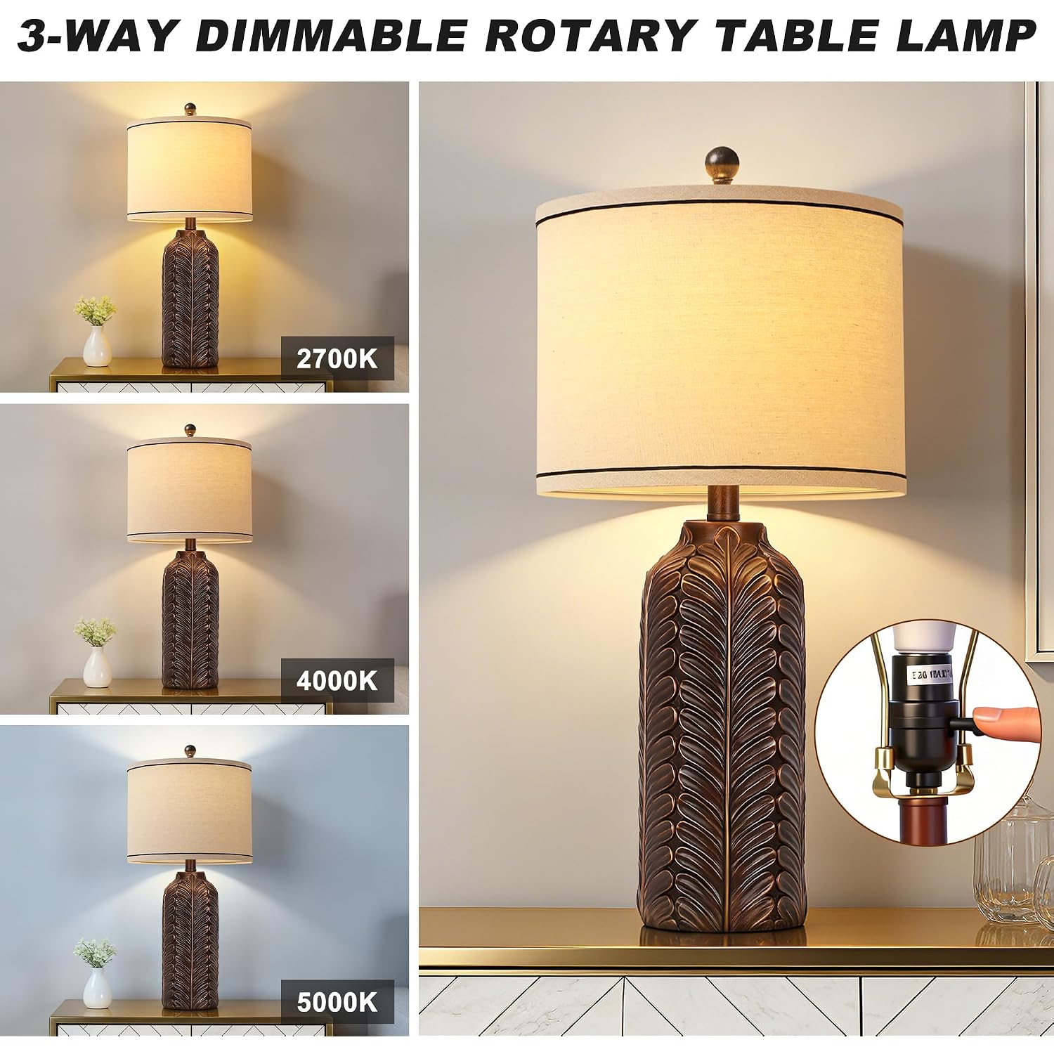 26.5'' Living Room Lamps Set Of 2, Resin Table Lamp For Bedroom | Handcrafted Rustic Design, 3 Color Dimmable, Linen Lampshade, 2 E26 Bulbs, Room Decor, Lamp For Nightstand Hallway Entryway