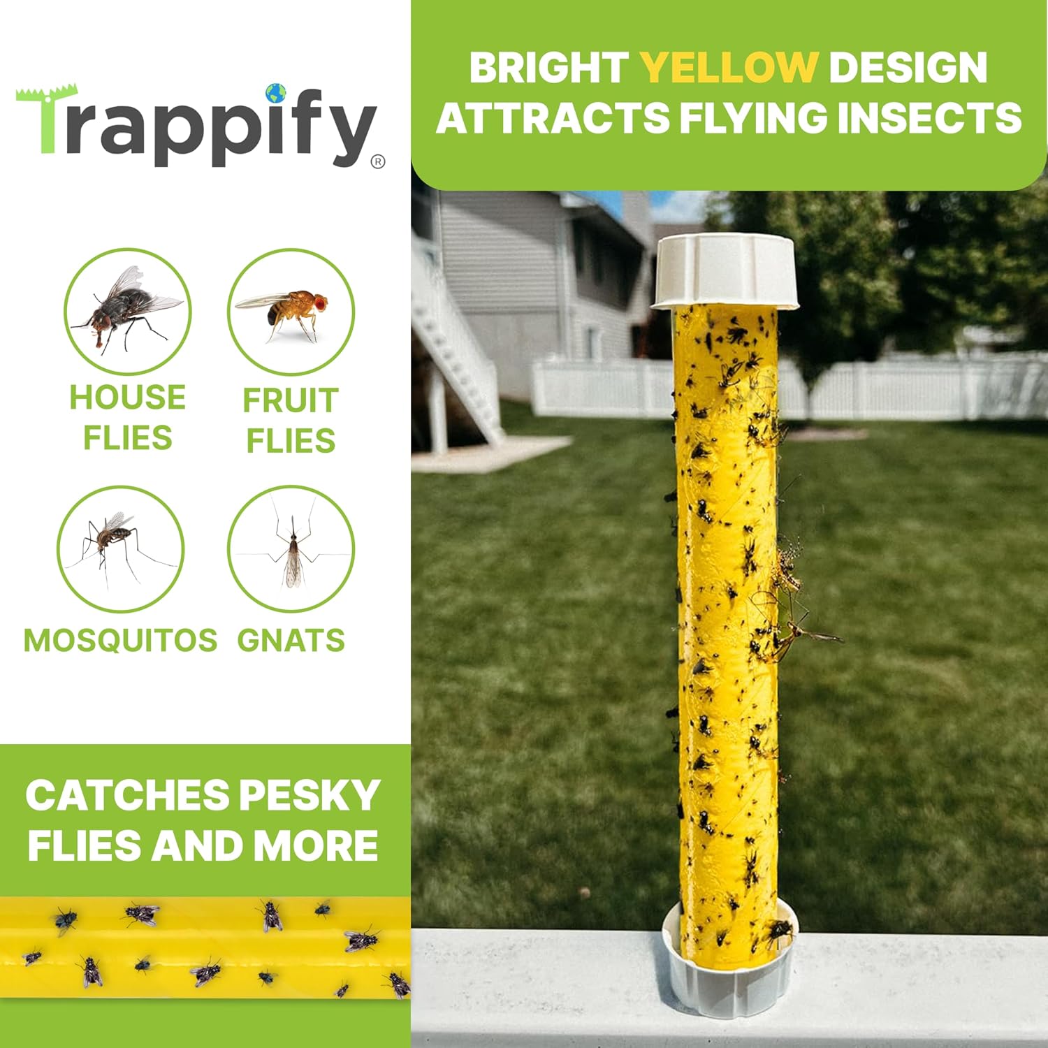 Trappify Hanging Fly Trap & Fruit Fly Traps For Indoors, Yellow, 2 Pack | Recycled Paper Stick With Ultra-Tacky Adhesive And Bait Cup, Hangs In Kitchens, Patios, Barns, Catches Flies And Gnats