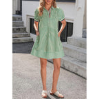 Wenrine Womens Summer Striped Mini Dresses Puff Short Sleeve Loose Fit Casual Button Collared Shirt Dress With Pockets