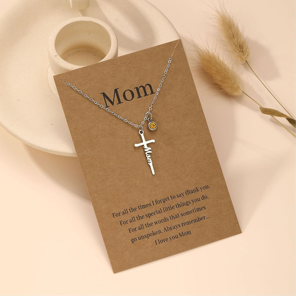 Mothers Day Gifts for Mom, Faith Cross Pendant Necklace with Birthstone Religious Christian Jewelry Personalized Mothers Day Birthday Gifts for Women Mom Grandma