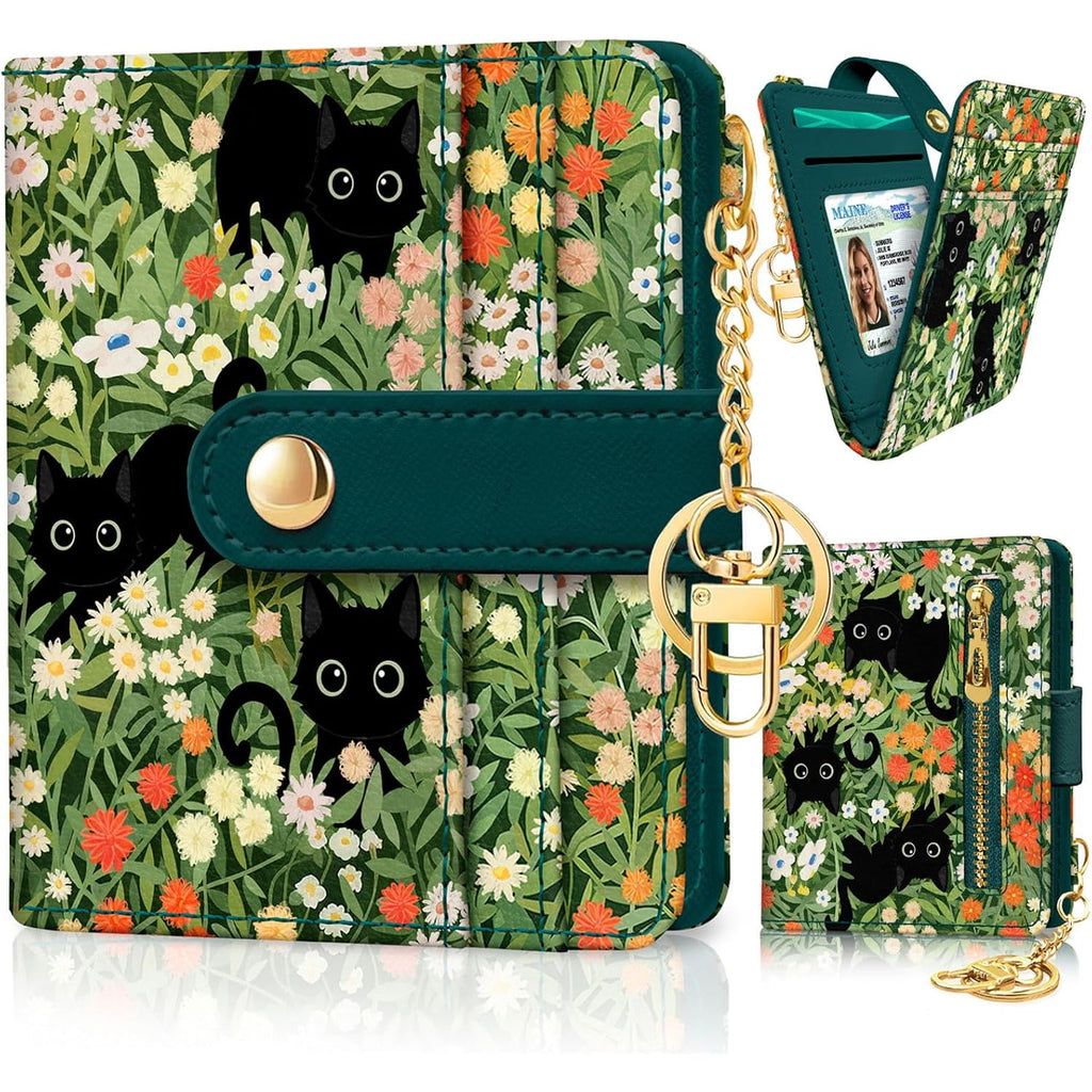 Jogjam Black Cat Floral Rfid Women Wallet, Small Slim Thin Credit Card Wallet, Pu Leather Bifold Cash Zipper Coin Pocket Id Window For Female Ladies Teen Girls Girly