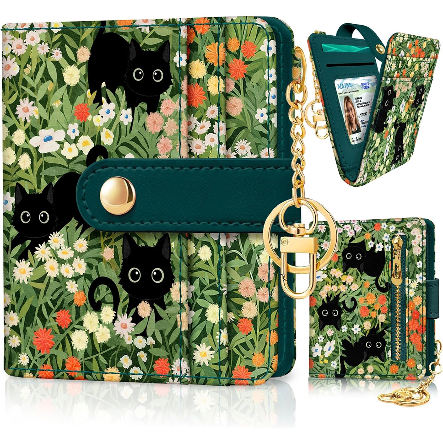 Jogjam Black Cat Floral Rfid Women Wallet, Small Slim Thin Credit Card Wallet, Pu Leather Bifold Cash Zipper Coin Pocket Id Window For Female Ladies Teen Girls Girly