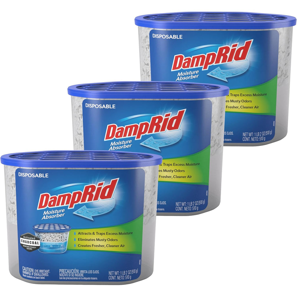 Damprid Fragrance Free Disposable Moisture Absorber & Odor Remover With Activated Charcoal, 18 Oz., 3 Pack, Lasts Up To 60 Days, No Electricity Required