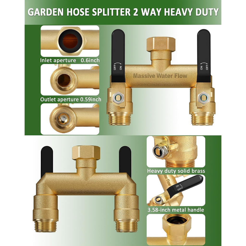 Hose Splitter 2 Way Heavy Duty, Full Flow Garden Hose Splitter With 2 Long Metal Handles, Brass Rust And Freeze Resistant Water Hose Bib Splitter, T Adapter Connector With 3/4 - Inch Ght Thread（Black）