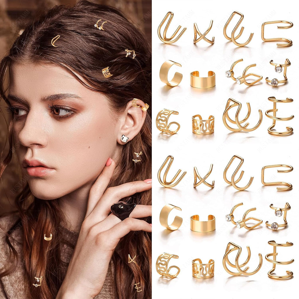 24 Pcs Gold Silver Hair Braids Dreadlock Non-Piercing Ear Clip Beard Beads Cuffs Clip Hair Accessories Styling Fashion Jewelry Gift Toos For Women Men
