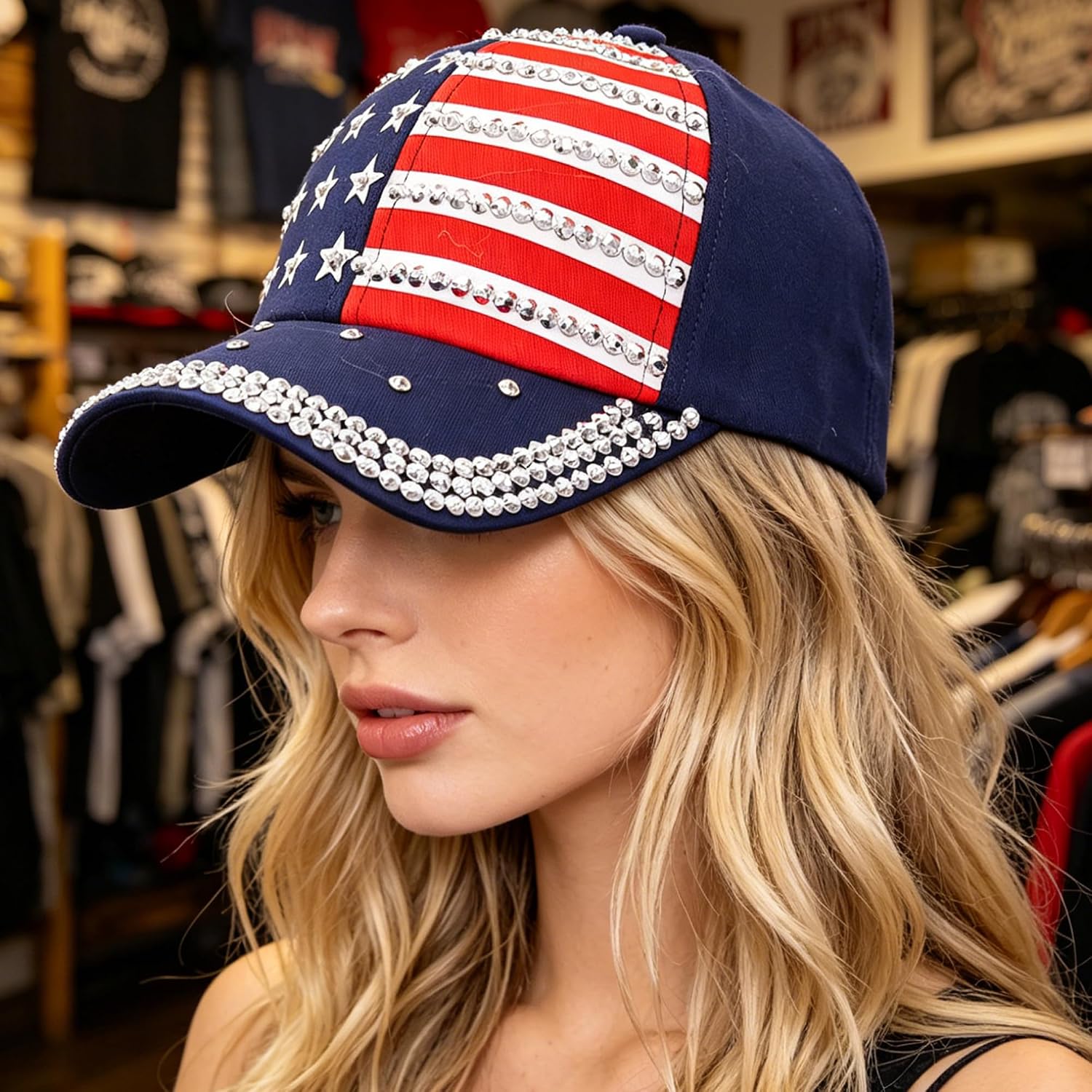 Rhinestone American Flag Baseball Cap Women Men 4th of July Patriotic Trucker Cap Sparkly USA Flag Hip Hop Hat Navy-largeflag-bb