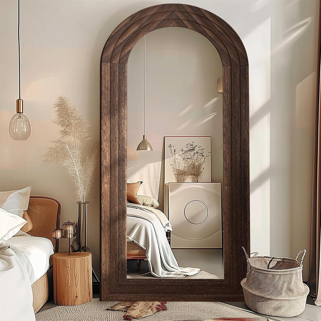 Arched Full Length Mirror With Solid Wood Frame | 71X32 Farmhouse Wall Mounted Floor Mirror With Stand, Vertical Hanging, Leaning Standing For Bedroom, Living Room, Brown