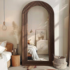 Arched Full Length Mirror With Solid Wood Frame | 71X32 Farmhouse Wall Mounted Floor Mirror With Stand, Vertical Hanging, Leaning Standing For Bedroom, Living Room, Brown