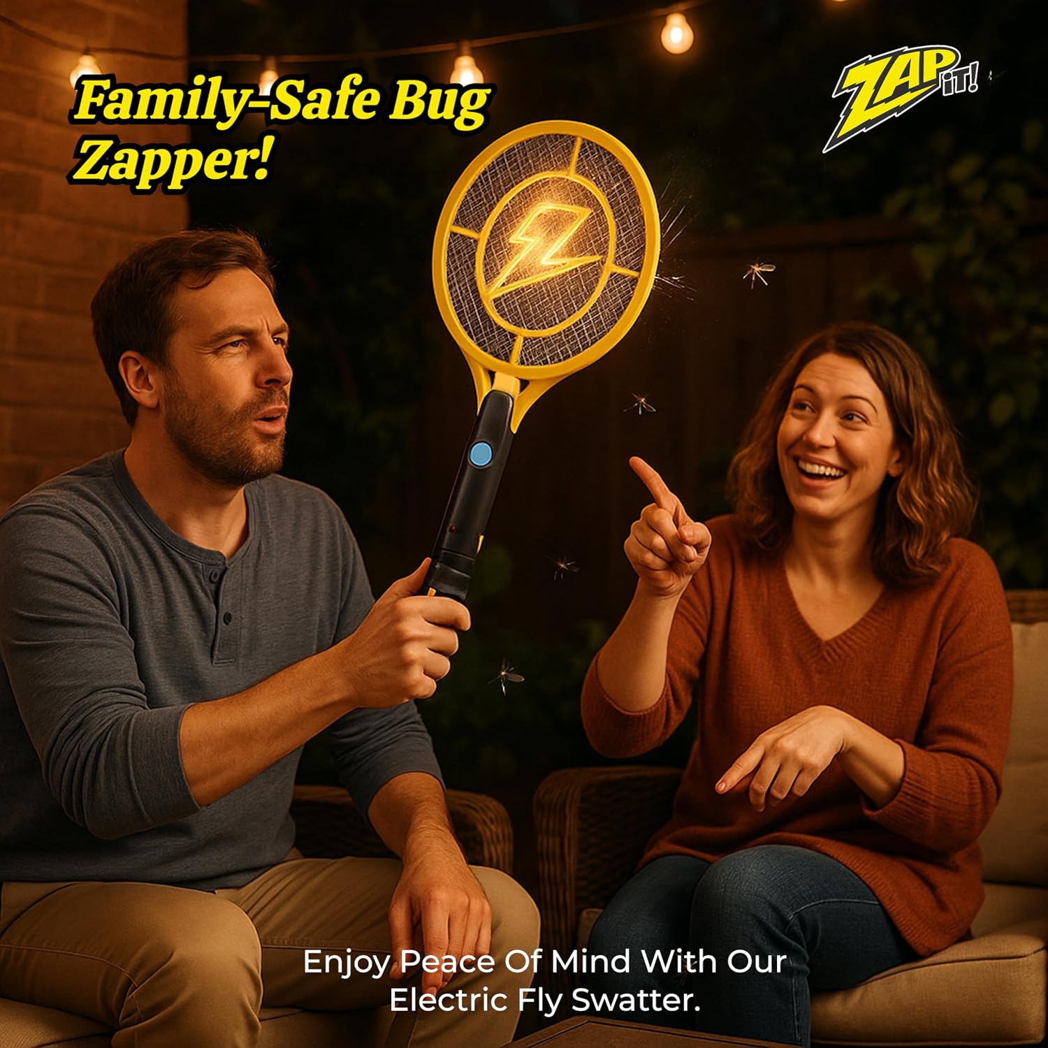 Zap It! Rechargeable Electric Fly Swatter Racket - 4,000-Volt Mosquito Zapper With Usb Charging Cable And Super-Bright Led Light -Large- Safe 3-Layer Mesh, Yellow, Bug Zapper For Indoors And Outdoors