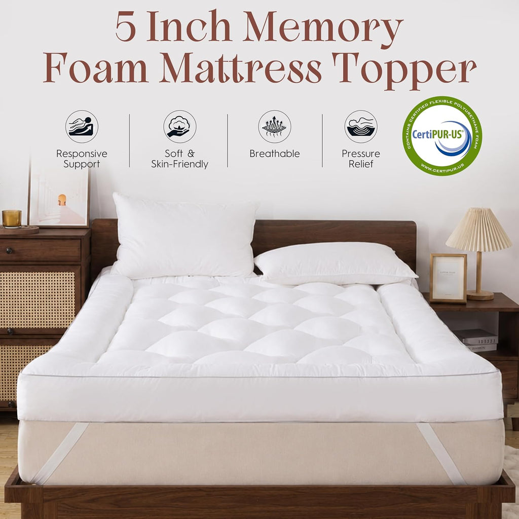 5 Inch Queen Size Memory Foam Mattress Topper, Breathable Cooling Gel Pillow Top Bed Topper, Pressure Relieving Soft Supportive Mattress Pad For Back Pain, 60X80X5 Inch