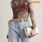 WHIPPY Women Skinny Leather Belt for Jeans Pants Dresses Ladies Fashion Waist Belt with Shiny Gold Buckle