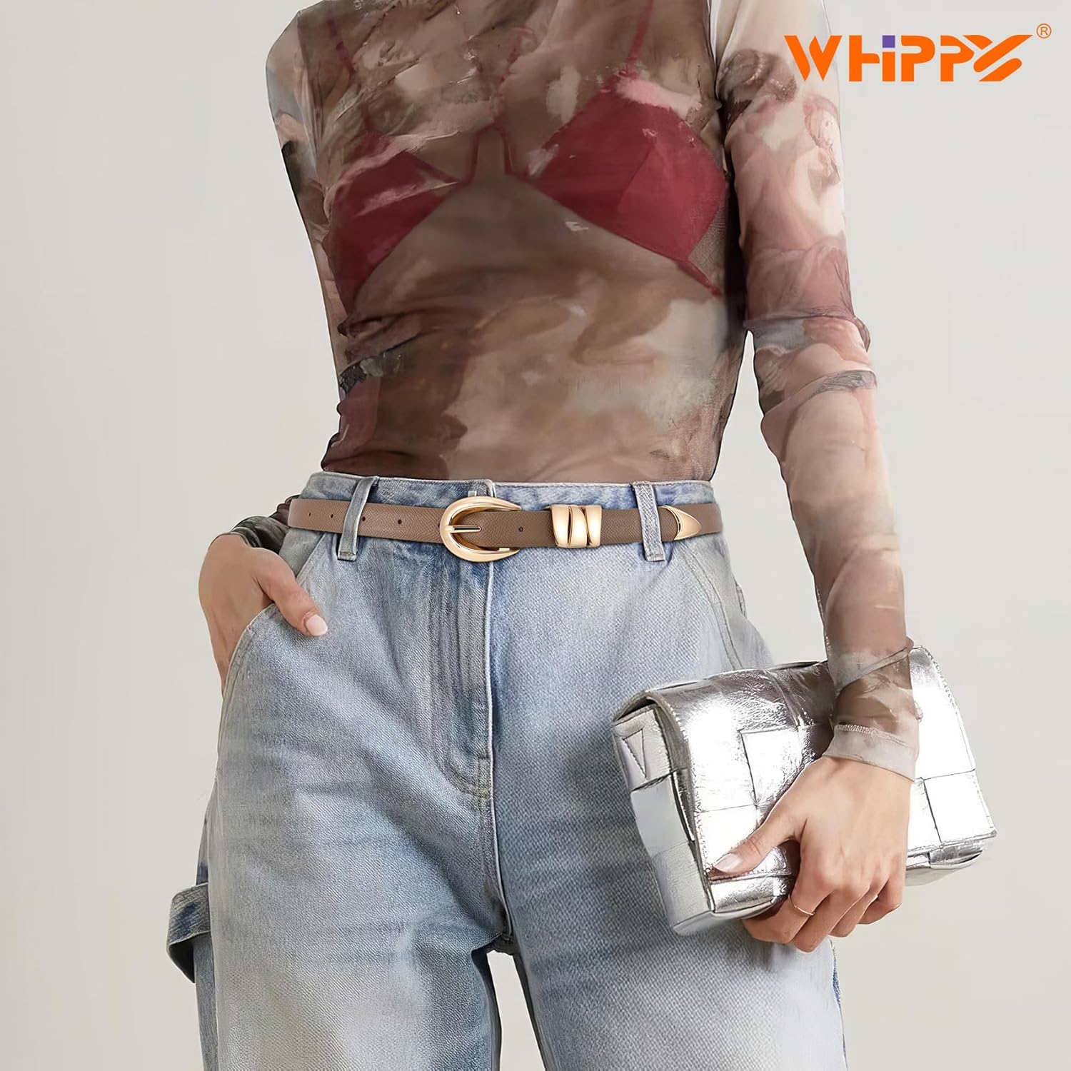 WHIPPY Women Skinny Leather Belt for Jeans Pants Dresses Ladies Fashion Waist Belt with Shiny Gold Buckle