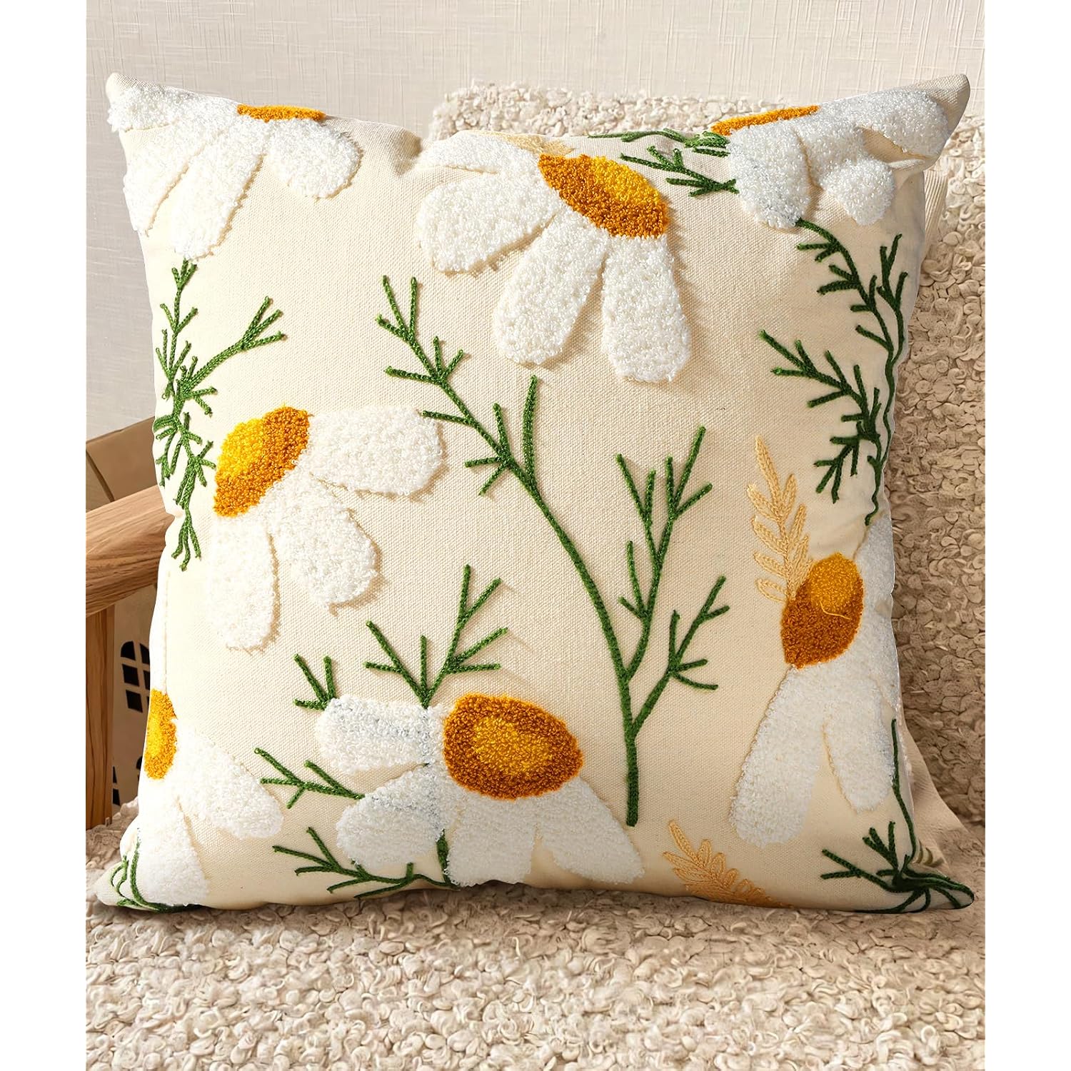 Embroidered Throw Pillow Cover - 18X18 Decorative Pillow Cover With Zipper Aesthetic Cute Design Boho Spring Summer Cozy Throw Pillowcase For Living Room Couch Sofa Bed, White Daisy