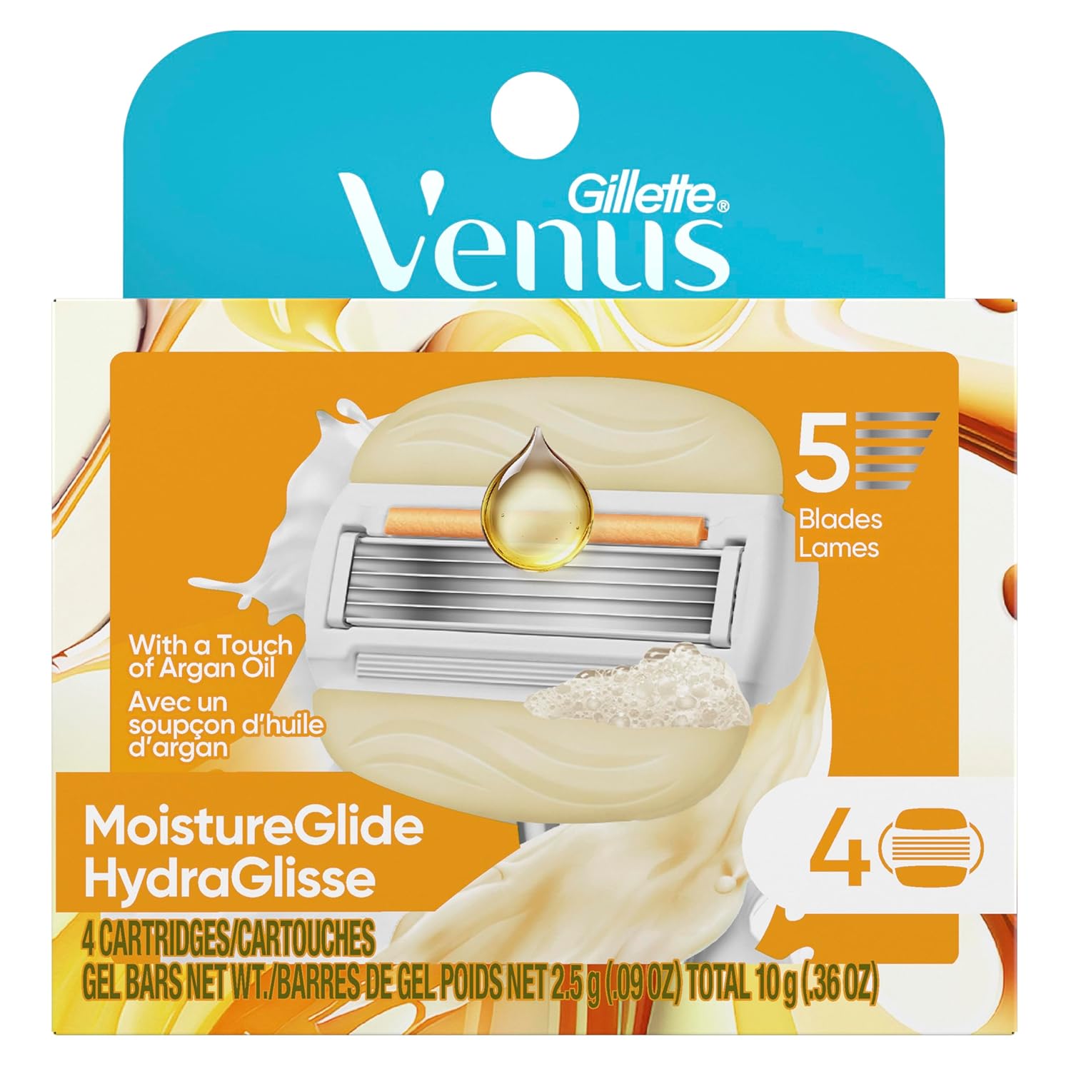 Venus MoistureGlide Women's Razor Blades, With Built-in Shave Gel Bars, 4 Razor Blade Refills