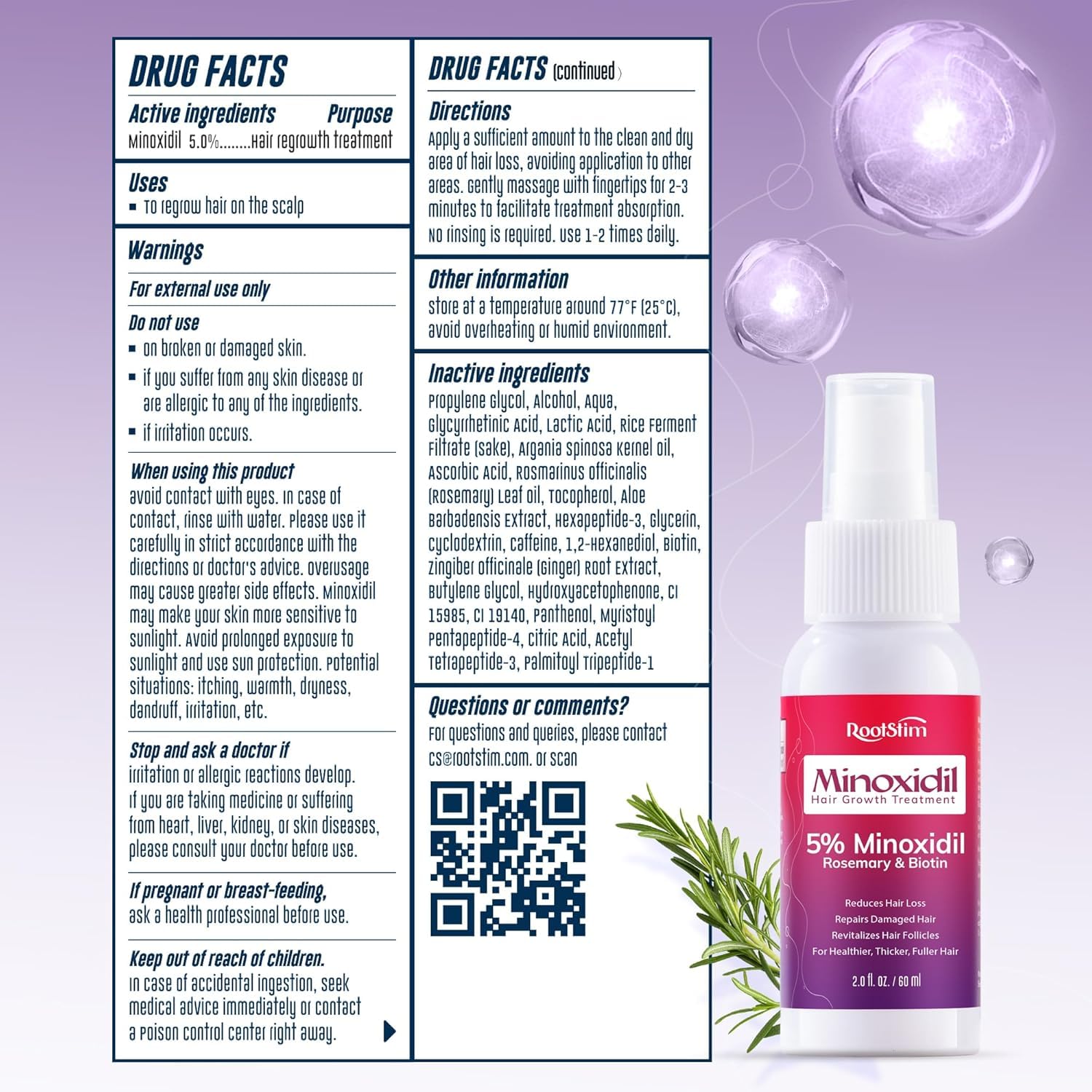 Women's 5% Minoxidil Spray for Hair Growth: RootStim Extra Strength Minoxidil with Rosemary & Biotin for Thinning Hair Regrowth and Fuller Hair - 2 Fl Oz