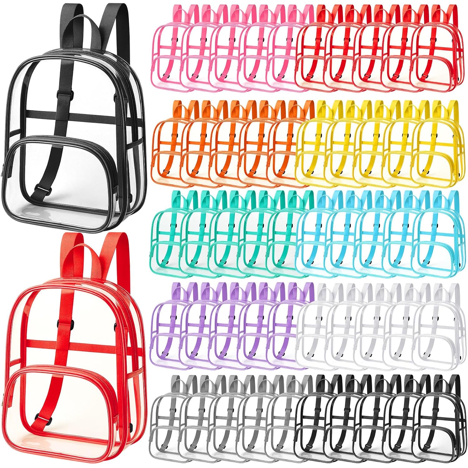 Clear Backpack Bulk Waterproof Transparent Colorful Bookbag Donation Supply Kits For Women Men(12 Inch,50 Pcs)