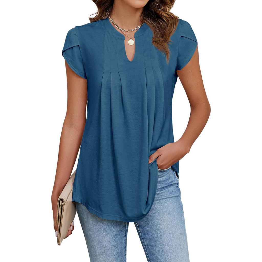 Women's Tunic Tops Summer Dressy Casual Blouses Business Outfits Plus Size Cap Sleeve Pleated Shirts