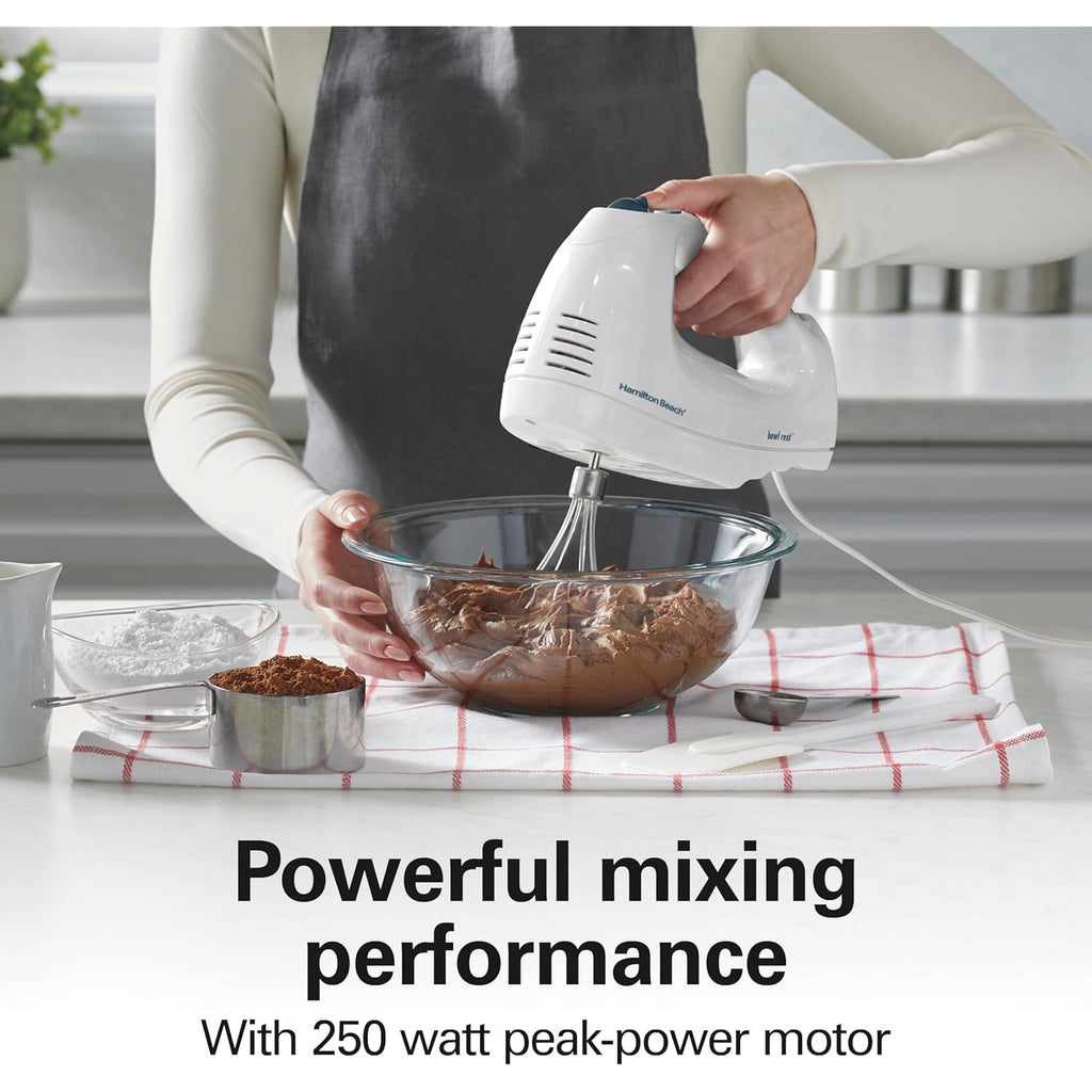 Hamilton Beach 6-Speed Electric Hand Mixer with Whisk, Traditional Beaters, Snap-On Storage Case, 250 Watts, White